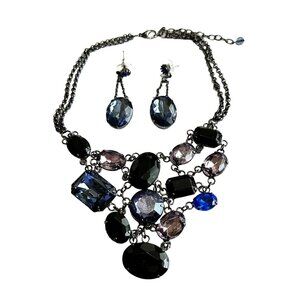 Blue Glass Jewel Statement Necklace Earrings Set Gunmetal Finish